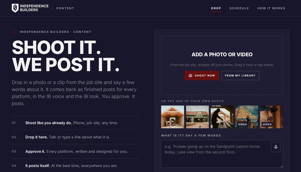 The dashboard's drop screen: add a photo or video and say a few words